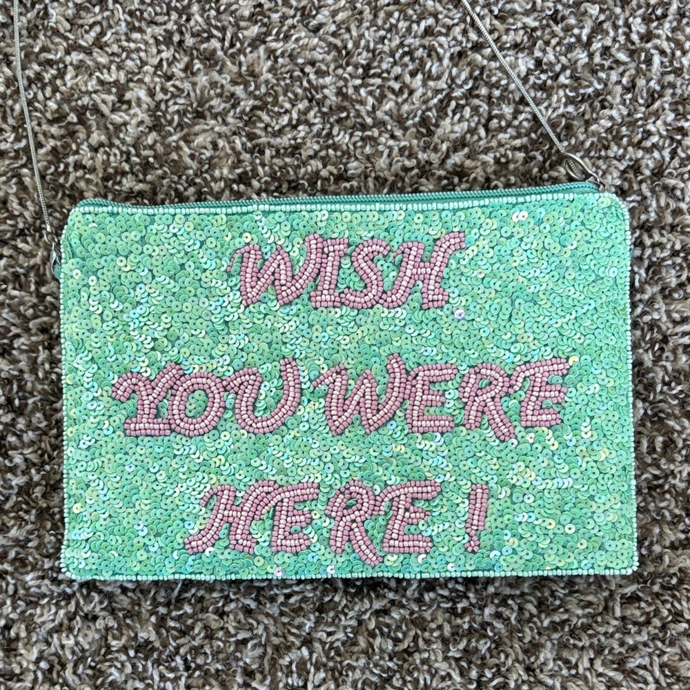 Mint Sequin Wristlet Clutch with Pink Lettering